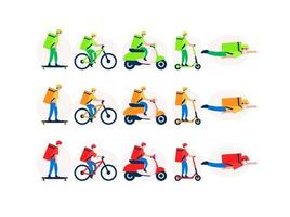 Set of delivery men on transport with a backpack for food, yellow delivery service, colors flag of Ukraine, vector illustration.