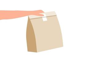 bolsa de papel, paquete de comida beige para el servicio de entrega. contenedor de papel de almuerzo. ilustración vectorial 3d aislada. vector