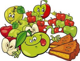 dibujos animados de manzanas verdes y rojas y tarta de manzana vector