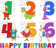 birthday greeting cards set with cartoon fantasy characters vector