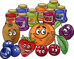 Funny Cartoon Fruit And Jams In Jars Set