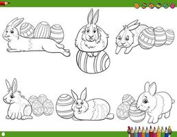 conejitos de pascua personajes y huevos página de libro para colorear vector