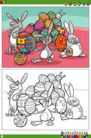 Easter bunnies characters with eggs coloring book page vector