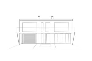 Modern house building sketch. Front view. Architectural plan of a contemporary house. Construction architecture designing line art background. Vector illustration