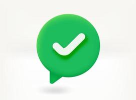 Approve message concept. Speech bubble with checkmark. Bright lightbulb 3d vector icon