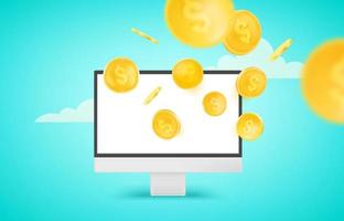 Receiving income using computer technology. Vector concept with gold coins