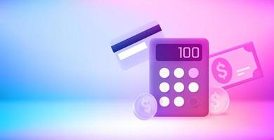 Calculator witn coins, card and banknote. 3d vector banner with copy space