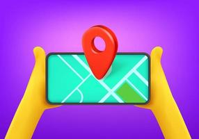 Man holding mobile phone with gps application. 3d vector illustration