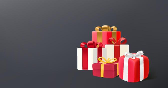 Gift boxes with color bows on dark background. 3d banner with copy space vector