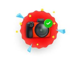 Photo camera checkmark. Vector insignia isolated on white background. 3d vector illustration