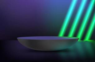 Dark room with green diagonal neon lights and podium. 3d vector showcase with copy space