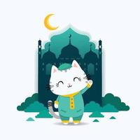 lindo gato animal diseño de ilustración vistiendo ropa musulmana blanca y verde saludando para animar el momento del día sagrado islámico del ramadán vector