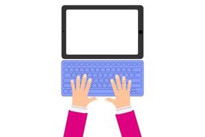 Top view of a person using a laptop or a modern tablet. Blank white screen. Template mock up. Cartoon flat vector illustration