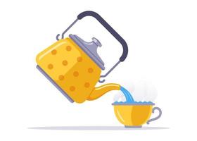 kettle pours water into a mug. morning ceremony. to drink tea. flat vector illustration.