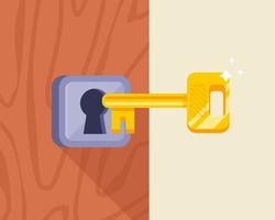 a golden key opens the lock in a wooden door. flat vector illustration.