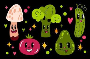 Collection of various smiling vegetables in a 30th cartoon style vector