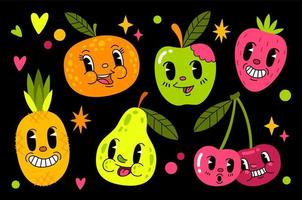 conjunto de frutas y bayas felices del estilo de dibujos animados 30 vector