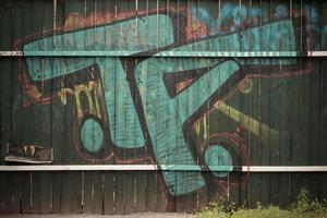 Green wooden wall with graffiti in the forest photo