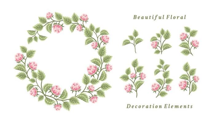 Beautiful vintage flower wreath and bouquet vector illustration arrangement set