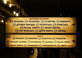 viejas luces del metro y señalización en el metro de kiev foto