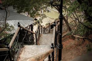 Metal and wooden stairs descending down the forest through the trees in Kyiv photo