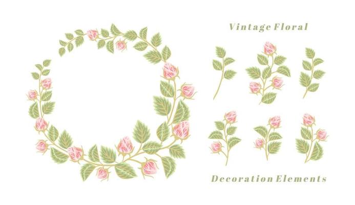 Beautiful vintage flower wreath and bouquet vector illustration arrangement set