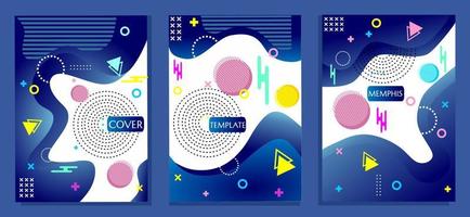 memphis style poster set. blue and white abstract background. used for book covers, web, banners and flyers vector