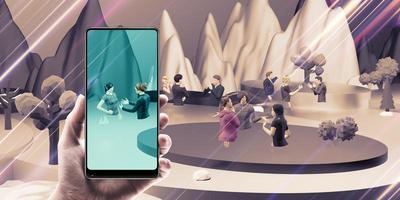 Avatars in Metaverse Party and online meetings via VR glasses and smartphones in the world of Metaverse and the sandbox 3D illustrations photo