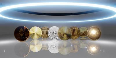 Bitcoin Cryptocurrency Coins Futuristic Skyline Background Technology Backdrop Modern Abstract 3D Illustration photo