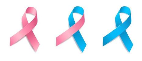 Set of tree pink and blue ribbon awareness Nursing Mothers, Womens Health, Male Breast Cancer, Men's health, Prostate cancer. Isolated on white background. Vector  illustration.