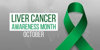 Liver Cancer Awareness Month concept. Banner with emerald green ribbon awareness and text.  Vector illustration.