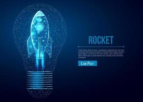 Rocket launch in lightbulb, wireframe polygonal style. Internet technology network, business startup concept with glowing low poly rocket. Futuristic modern abstract background. Vector illustration.