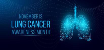 Lung cancer awareness month concept. Banner template with glowing low poly wireframe lungs. Isolated on dark background. Vector illustration.