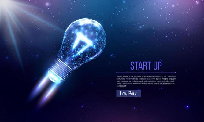 Bulb launch, wireframe polygonal style. Internet technology network, business startup concept with glowing low poly rocket. Futuristic modern abstract background. Vector illustration.
