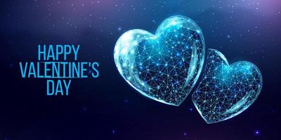 Happy Valentine's day banner. Wireframe heart in low poly style.   Abstract modern 3d vector illustration on dark blue background.