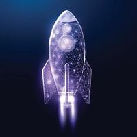 Wireframe polygonal rocket. Internet technology network, business startup concept with glowing low poly rocket. Futuristic modern abstract. Isolated on dark blue background. Vector illustration.