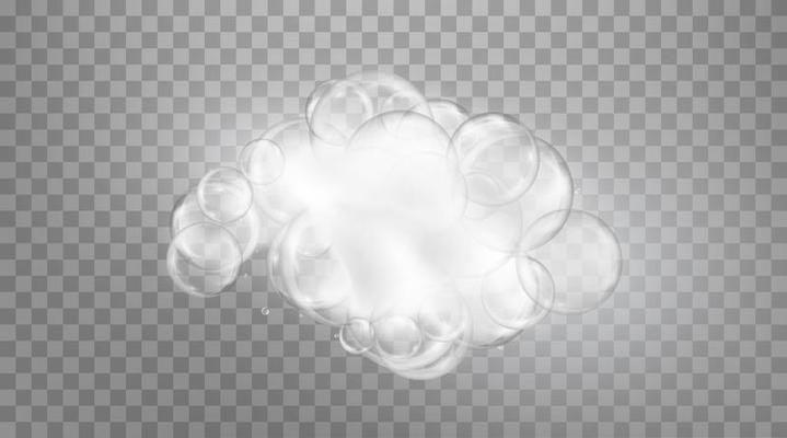 Realistic transparent foam soap with bubbles of soapy water.