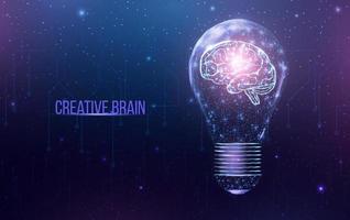 Wireframe polygonal human brain in a lightbulb. Business idea, brainstorming concept with glowing low poly bulb. Futuristic modern abstract background. Vector illustration.