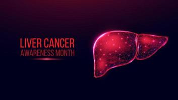 Liver cancer awareness month concept. Banner template with glowing low poly wireframe liver. Futuristic modern abstract. Isolated on dark background. Vector illustration.