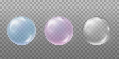 Set of soap water bubbles. Transparent, blue and pink. Design element for drinks, fizzy, cosmetics for the skin. Isolated on a transparent background. vector