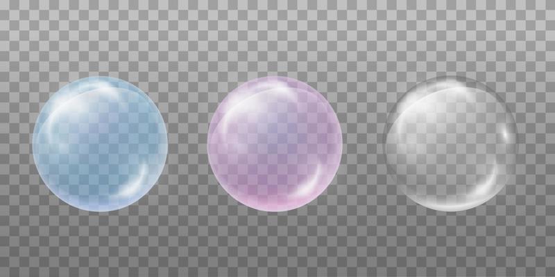 Set of soap water bubbles. Transparent, blue and pink. Design element for drinks, fizzy, cosmetics for the skin. Isolated on a transparent background.