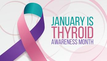 concepto del mes de concientización sobre la tiroides. banner con conciencia y texto de cinta rosa, verde azulado y púrpura. ilustración vectorial vector