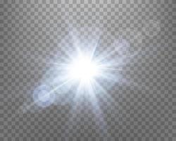 Blue sunlight lens flare, sun flash with rays and spotlight. Glowing burst explosion on a transparent background. Vector illustration.