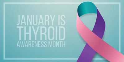 Thyroid awareness month concept. Banner with pink, teal and purple ribbon awareness and text. Vector illustration.