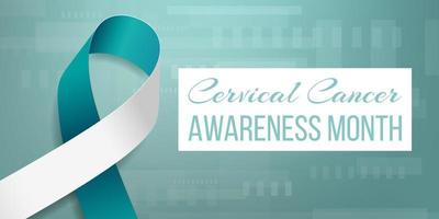 Cervical cancer awareness month banner with teal and white ribbon awareness and text. Vector illustration.