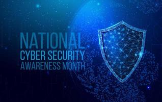 National Cyber Security Awareness Month. Wireframe polygonal shield with globe map. Cyber security, world protection concept with glowing low poly guard. Futuristic abstract vector illustration.