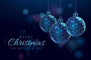 bolas navideñas de estructura metálica, estilo low poly. cartel de feliz navidad y año nuevo. ilustración vectorial 3d moderna abstracta sobre fondo azul. vector