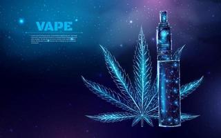 Vaping pen device kit and mod wireframe. Poster template with glowing low poly vaping box. Futuristic modern abstract. Isolated on dark blue background. Vector illustration.