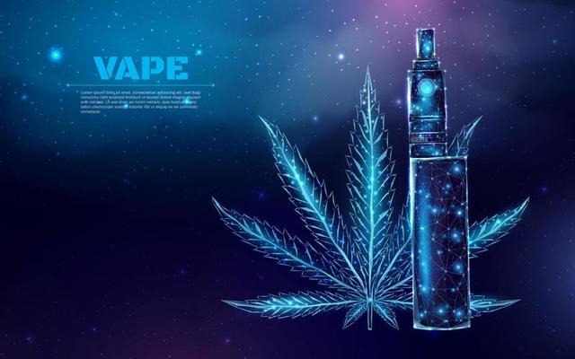 Vaping pen device kit and mod wireframe. Poster template with glowing low poly vaping box. Futuristic modern abstract. Isolated on dark blue background. Vector illustration.