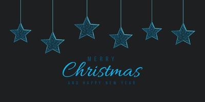 Merry Christmas and Happy new year low poly greeting card. Polygonal wireframe mesh illustration with hanging Christmas stars. Abstract vector illustration on dark background.